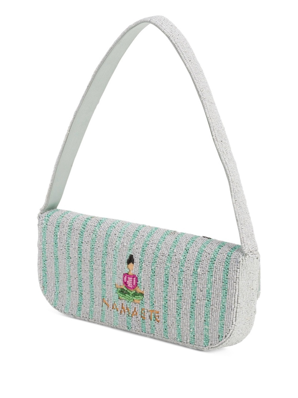 Beaded Yoga Pose Shoulder Bag - White with Mint Stripes - Picture 2 of 7